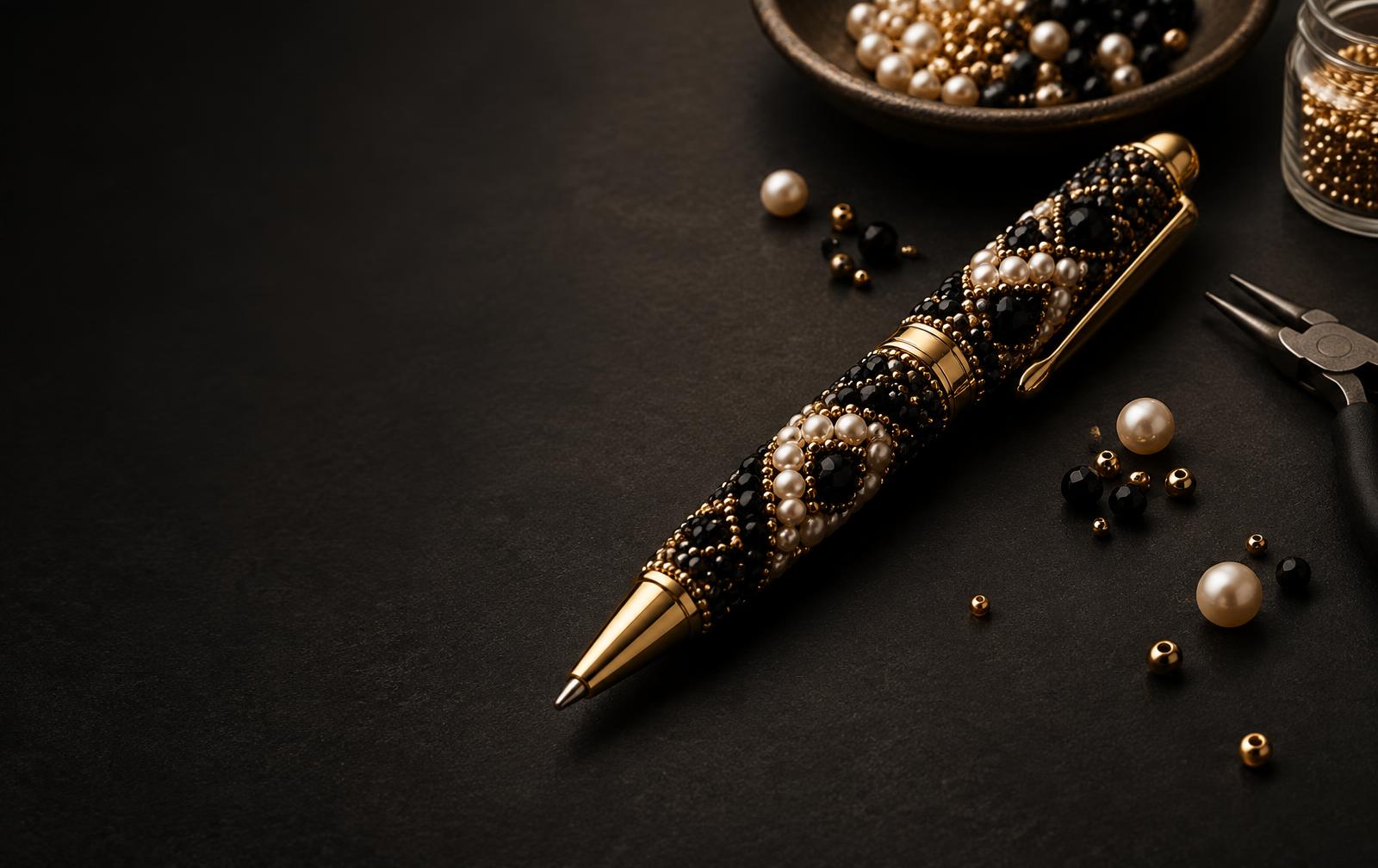 Handcrafted black and gold beaded pen